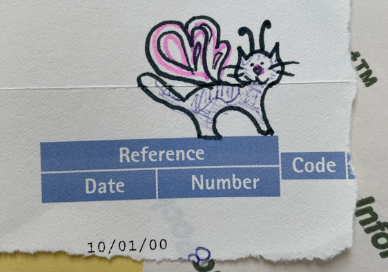 Early winged-cat sketch on a dated bank slip